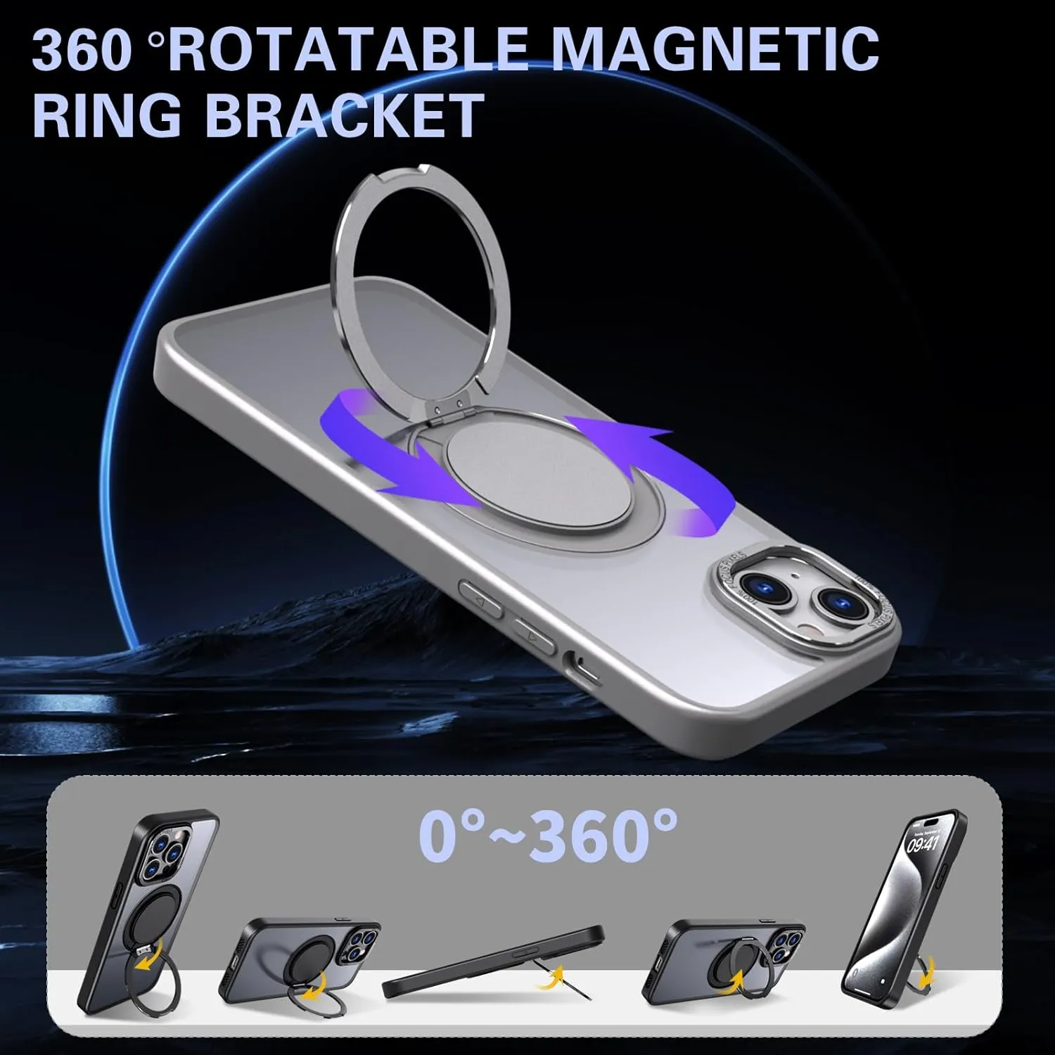 IYH 360 Rotatable Stand for iPhone 13,iPhone 14 Phone Case [Compatible with Magsafe], Magnetic Ring Military Grade Shockproof Translucent Back,Matte(Gray)