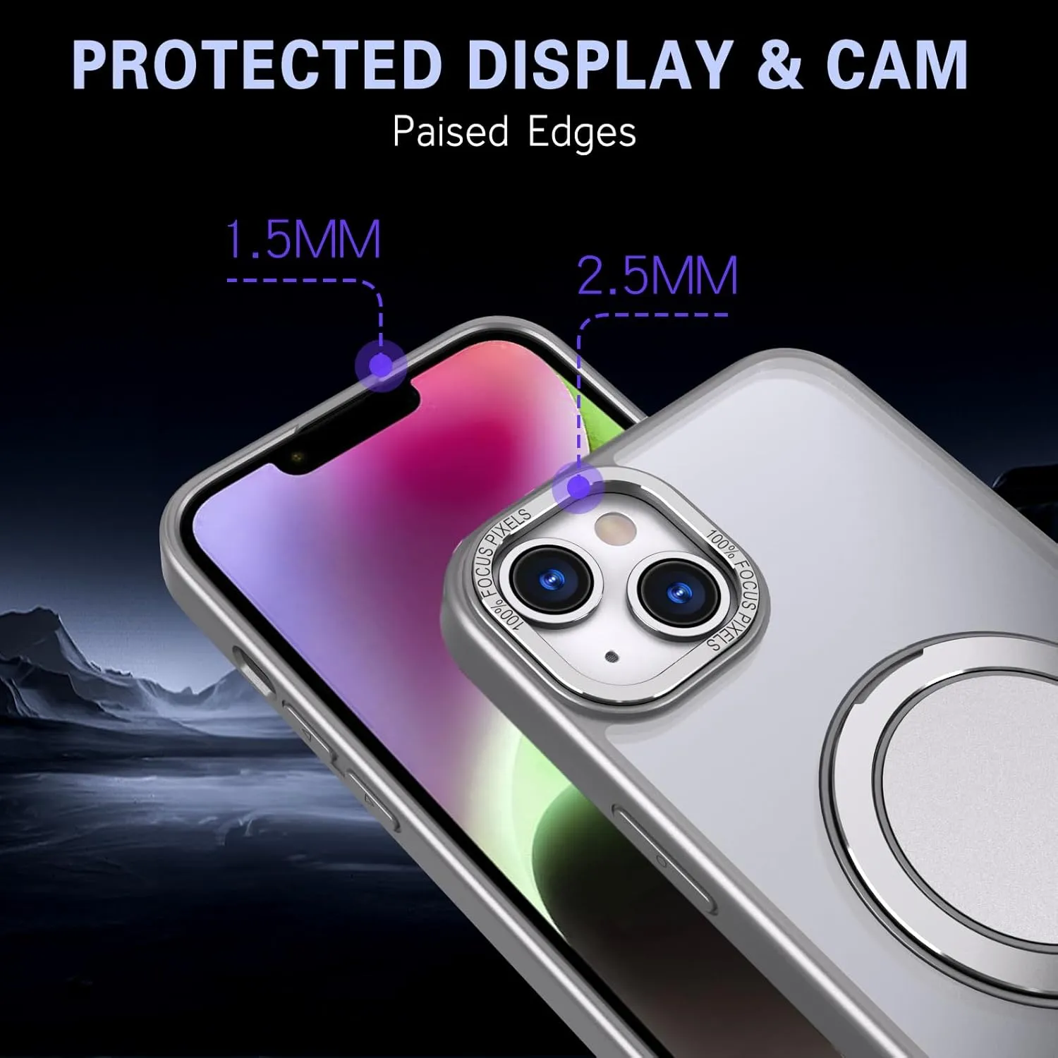 IYH 360 Rotatable Stand for iPhone 13,iPhone 14 Phone Case [Compatible with Magsafe], Magnetic Ring Military Grade Shockproof Translucent Back,Matte(Gray)