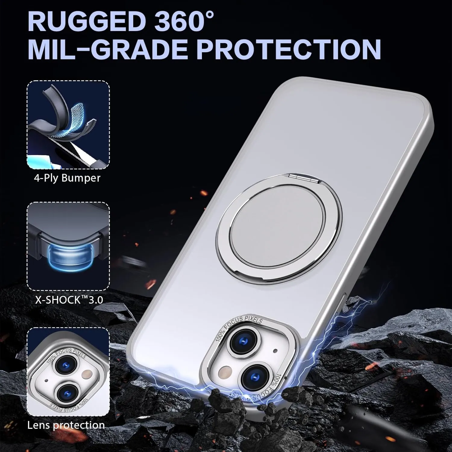 IYH 360 Rotatable Stand for iPhone 13,iPhone 14 Phone Case [Compatible with Magsafe], Magnetic Ring Military Grade Shockproof Translucent Back,Matte(Gray)