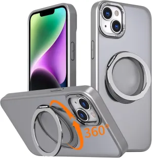 IYH 360 Rotatable Stand for iPhone 13,iPhone 14 Phone Case [Compatible with Magsafe], Magnetic Ring Military Grade Shockproof Translucent Back,Matte(Gray)