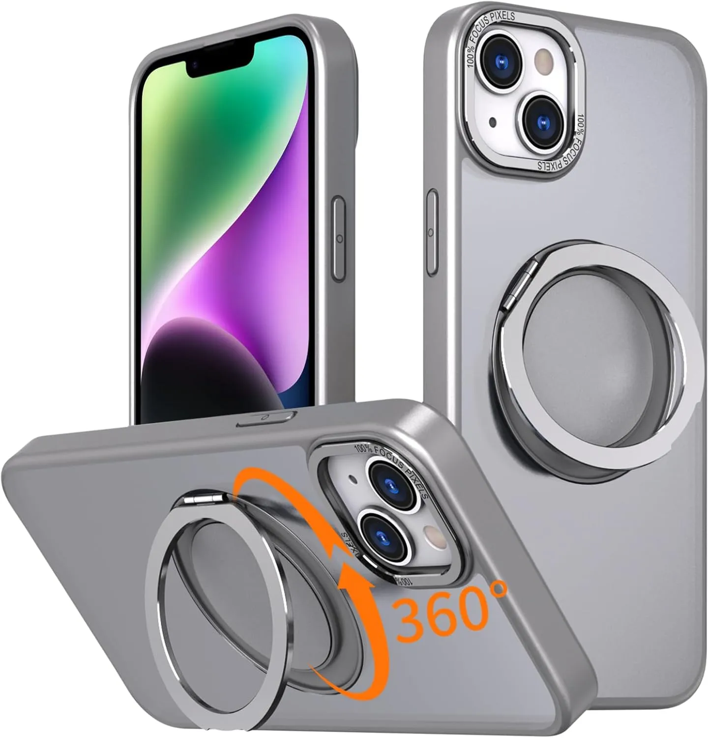 IYH 360 Rotatable Stand for iPhone 13,iPhone 14 Phone Case [Compatible with Magsafe], Magnetic Ring Military Grade Shockproof Translucent Back,Matte(Gray)