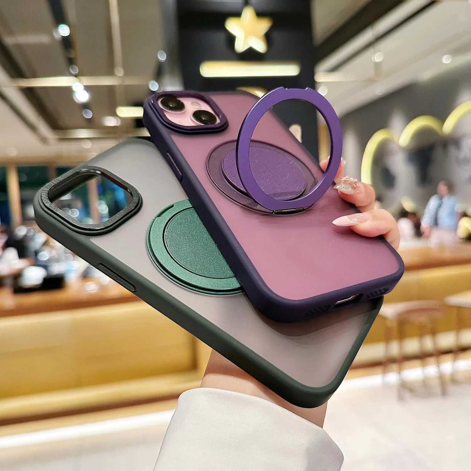 IYH 360 Rotatable Stand for iPhone 13,iPhone 14 Phone Case [Compatible with Magsafe], Magnetic Ring Military Grade Shockproof Translucent Back,Matte(Purple)