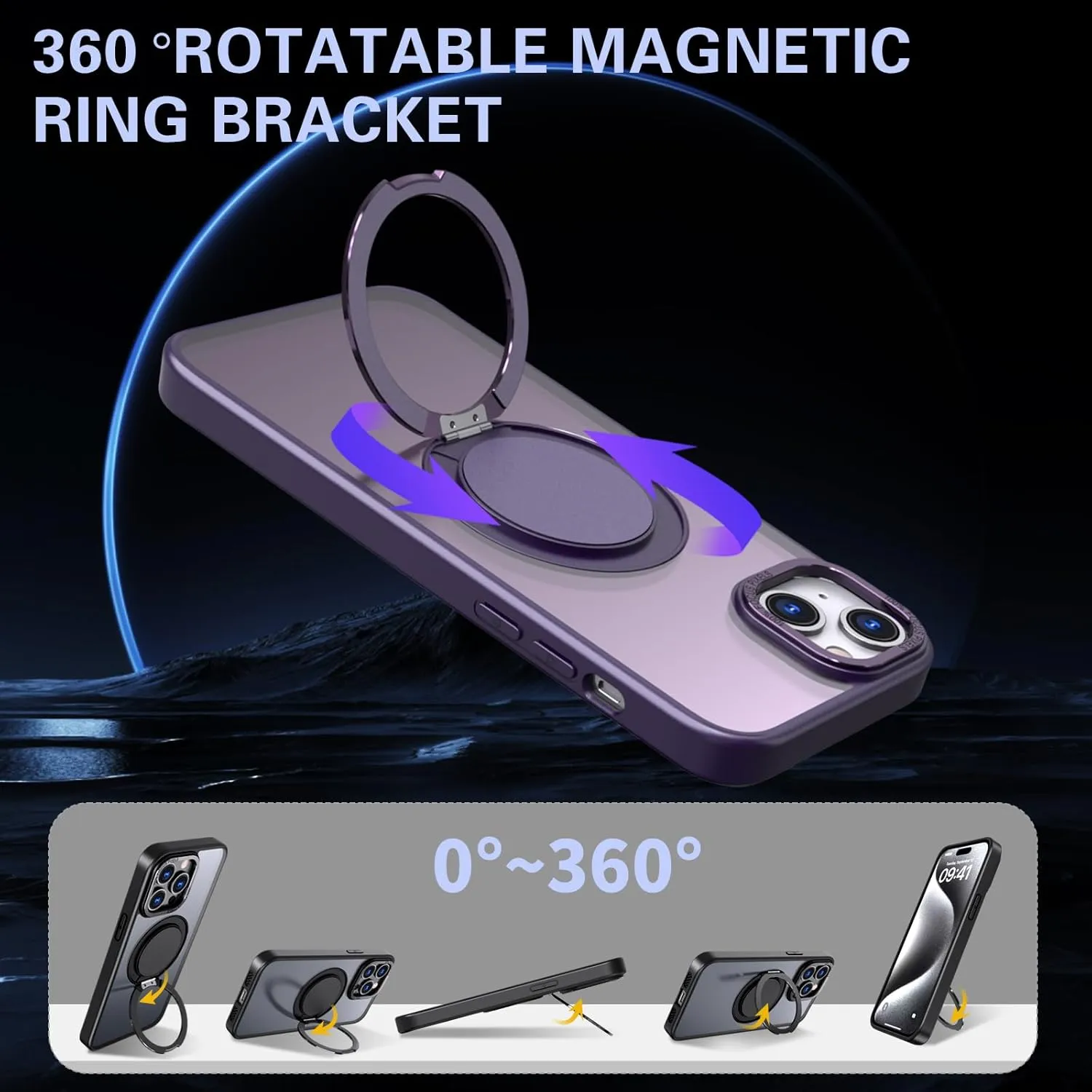 IYH 360 Rotatable Stand for iPhone 13,iPhone 14 Phone Case [Compatible with Magsafe], Magnetic Ring Military Grade Shockproof Translucent Back,Matte(Purple)