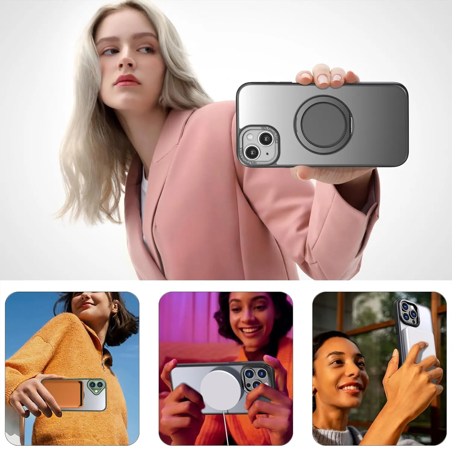 IYH 360 Rotatable Stand for iPhone 13,iPhone 14 Phone Case [Compatible with Magsafe], Magnetic Ring Military Grade Shockproof Translucent Back,Matte(Purple)