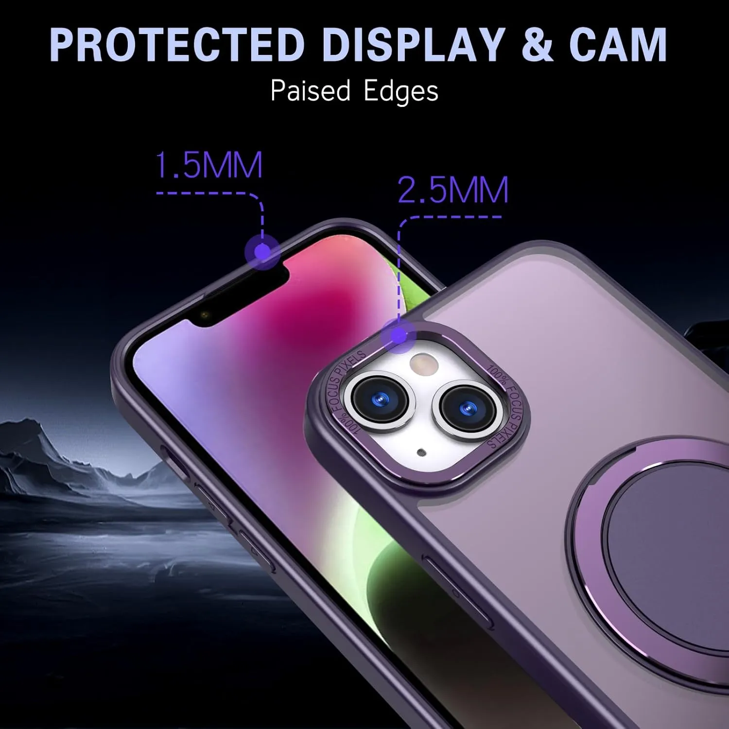 IYH 360 Rotatable Stand for iPhone 13,iPhone 14 Phone Case [Compatible with Magsafe], Magnetic Ring Military Grade Shockproof Translucent Back,Matte(Purple)