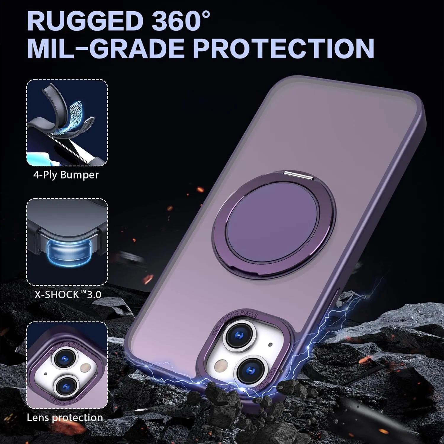 IYH 360 Rotatable Stand for iPhone 13,iPhone 14 Phone Case [Compatible with Magsafe], Magnetic Ring Military Grade Shockproof Translucent Back,Matte(Purple)