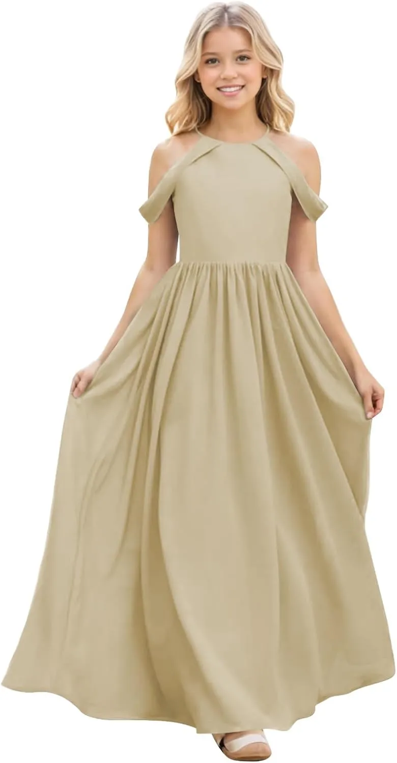 Junior Bridesmaid Dresses for Wedding Long Chiffon Off Shoulder Flower Girl Dress for Teens ZN016