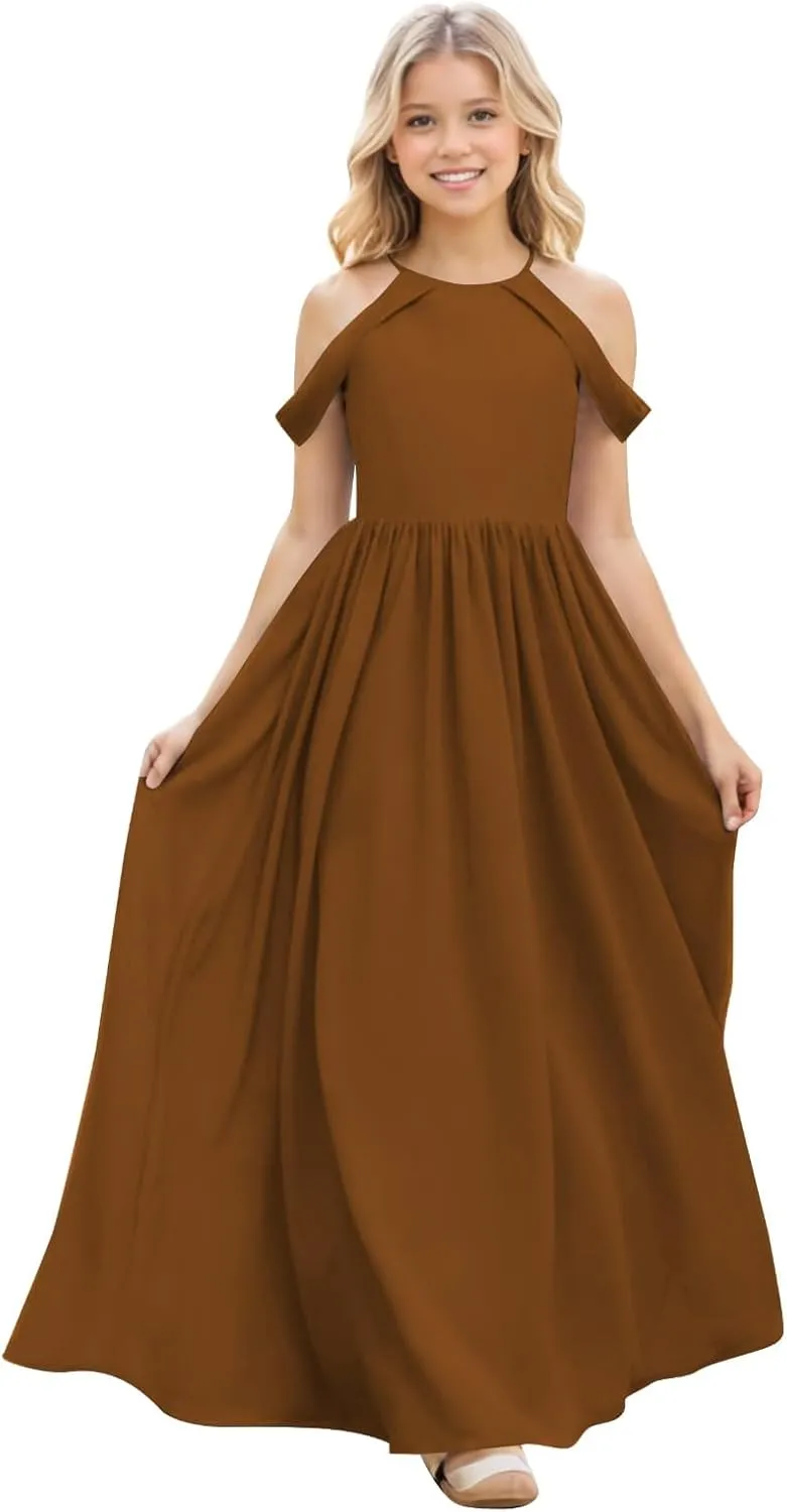 Junior Bridesmaid Dresses for Wedding Long Chiffon Off Shoulder Flower Girl Dress for Teens ZN016