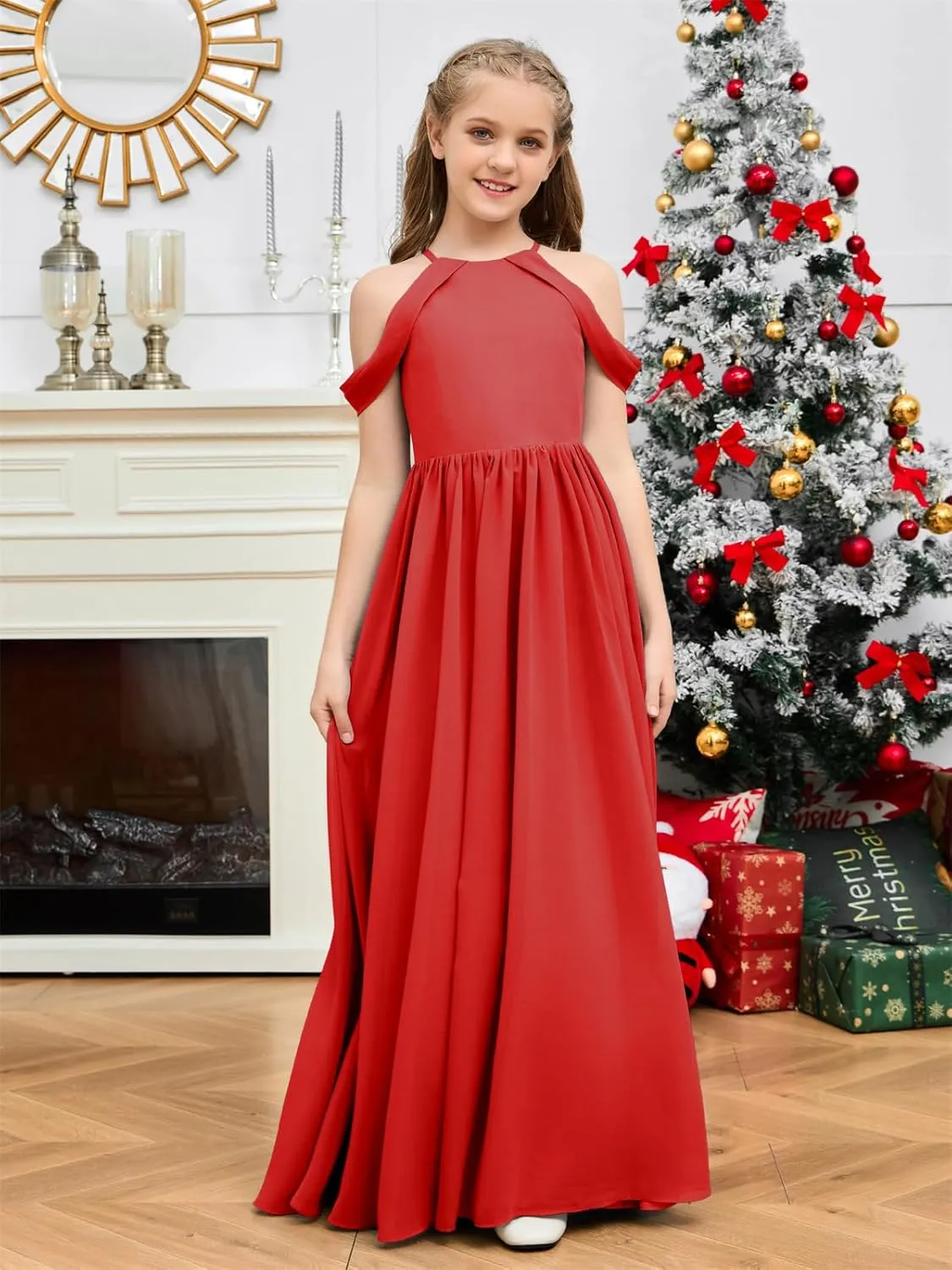 Junior Bridesmaid Dresses for Wedding Long Chiffon Off Shoulder Flower Girl Dress for Teens ZN016