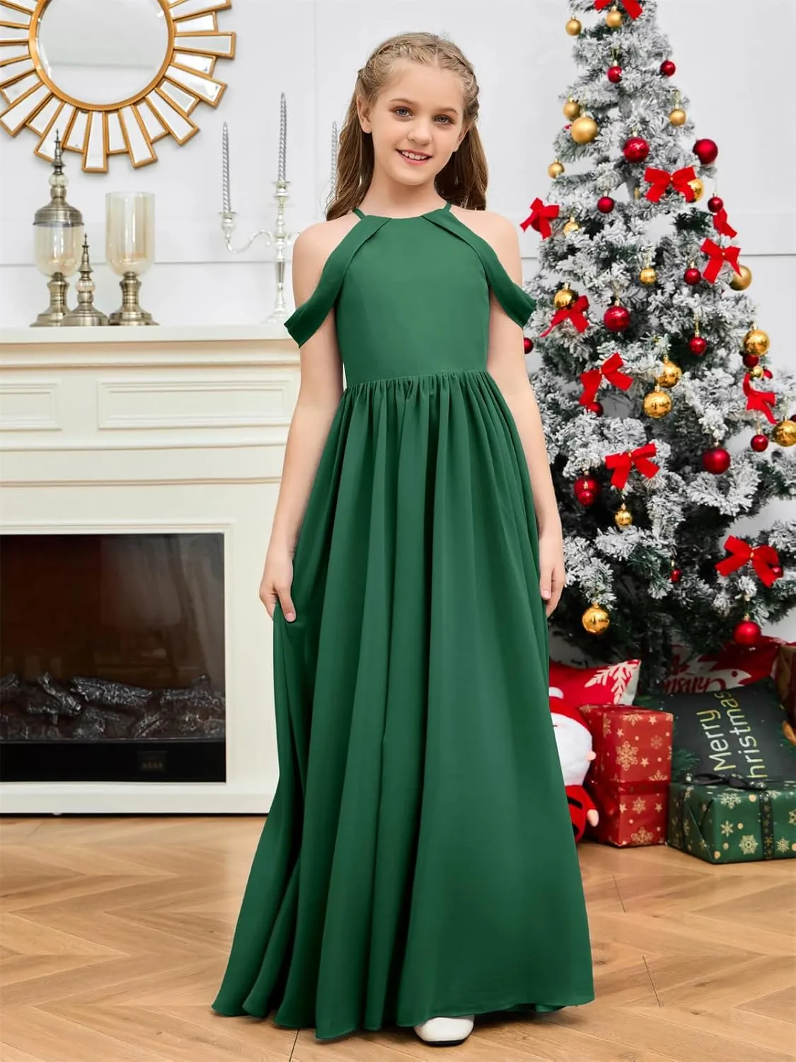 Junior Bridesmaid Dresses for Wedding Long Chiffon Off Shoulder Flower Girl Dress for Teens ZN016