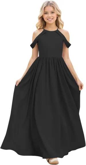 Junior Bridesmaid Dresses for Wedding Long Chiffon Off Shoulder Flower Girl Dress for Teens ZN016
