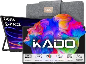 Kado Dual Portable Monitor Setup - 2-Pack 15.6" FHD for Laptop, 1920x1080 IPS HDMI USB Type-C Screen Extender, Built-in Speakers, Stacked Setup for Office Gaming Daytrading