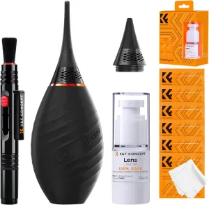 K&F Concept 10-in-1 Camera Lens Cleaning Kit for DSLR Camera Lens Filter Cell Phones with Advanced Silicone Air Blower*1 Short Nozzle*1 Long Nozzle*1 Cleaning Cloth*6 Cleaning Pen*1 15ML Cleaner*1