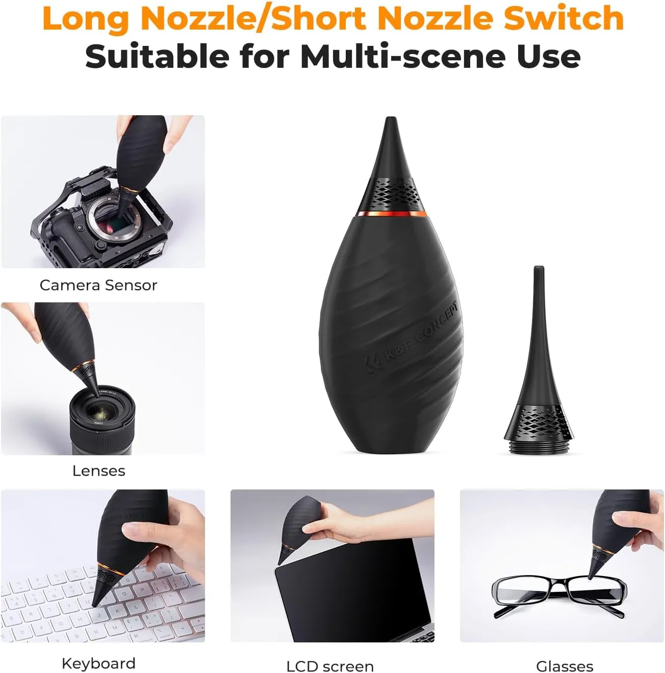 K&F Concept 10-in-1 Camera Lens Cleaning Kit for DSLR Camera Lens Filter Cell Phones with Advanced Silicone Air Blower*1 Short Nozzle*1 Long Nozzle*1 Cleaning Cloth*6 Cleaning Pen*1 15ML Cleaner*1