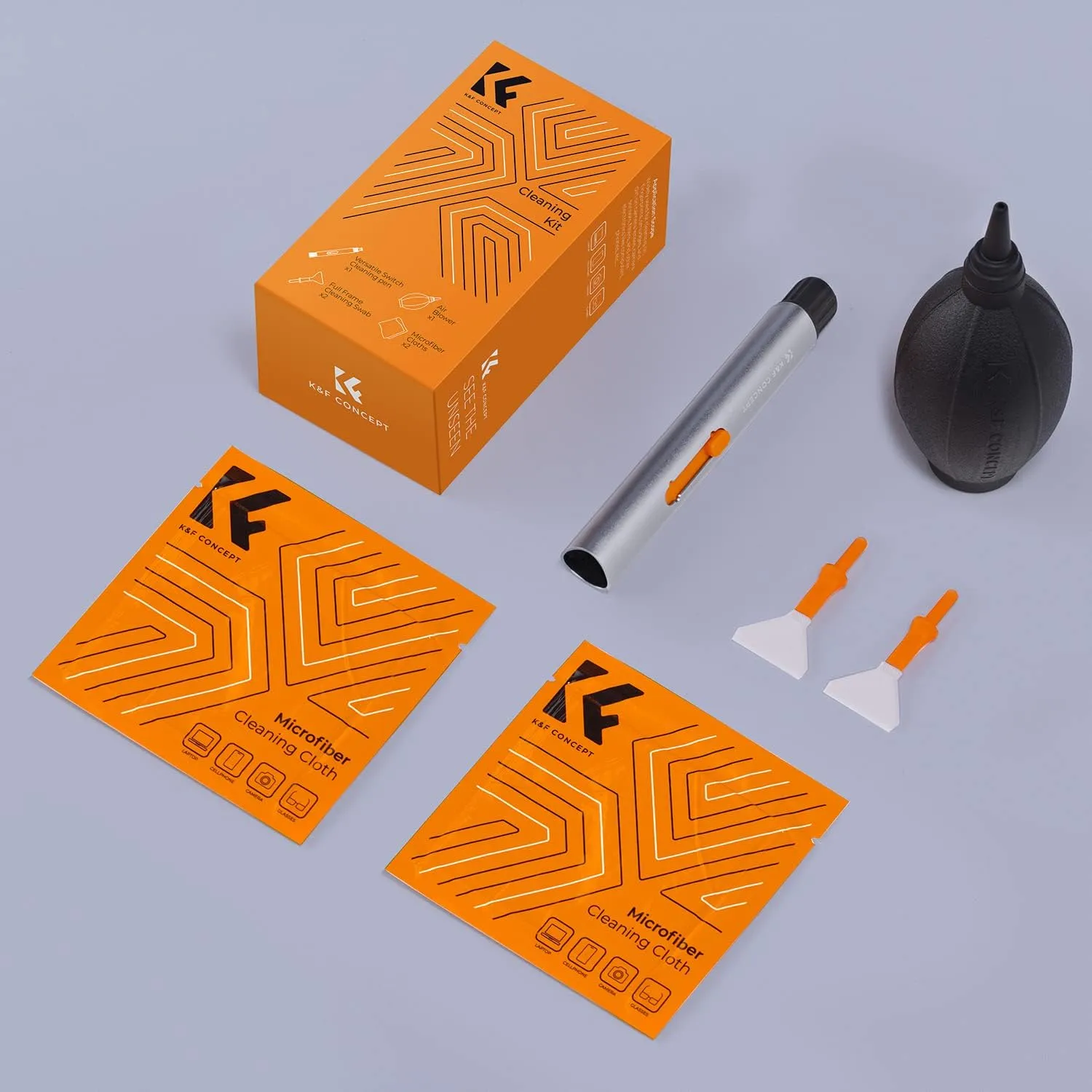 K&F Concept Camera Cleaning Kit, 6 in 1 With Vacuum Cloth*2, Replaceable Pen, Full Frame Wand*2, Silicone Black Air Blow for Canon Nikon Cameras Tool Accessories