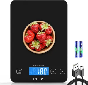 KOIOS Food Scale, 33lb/15kg Digital Kitchen Scale Weight in Grams and Ounces for Cooking Baking, 1g/0.1oz Precise Graduation, Batteries and Type-C Charging, Tare Function, LCD Display, Black