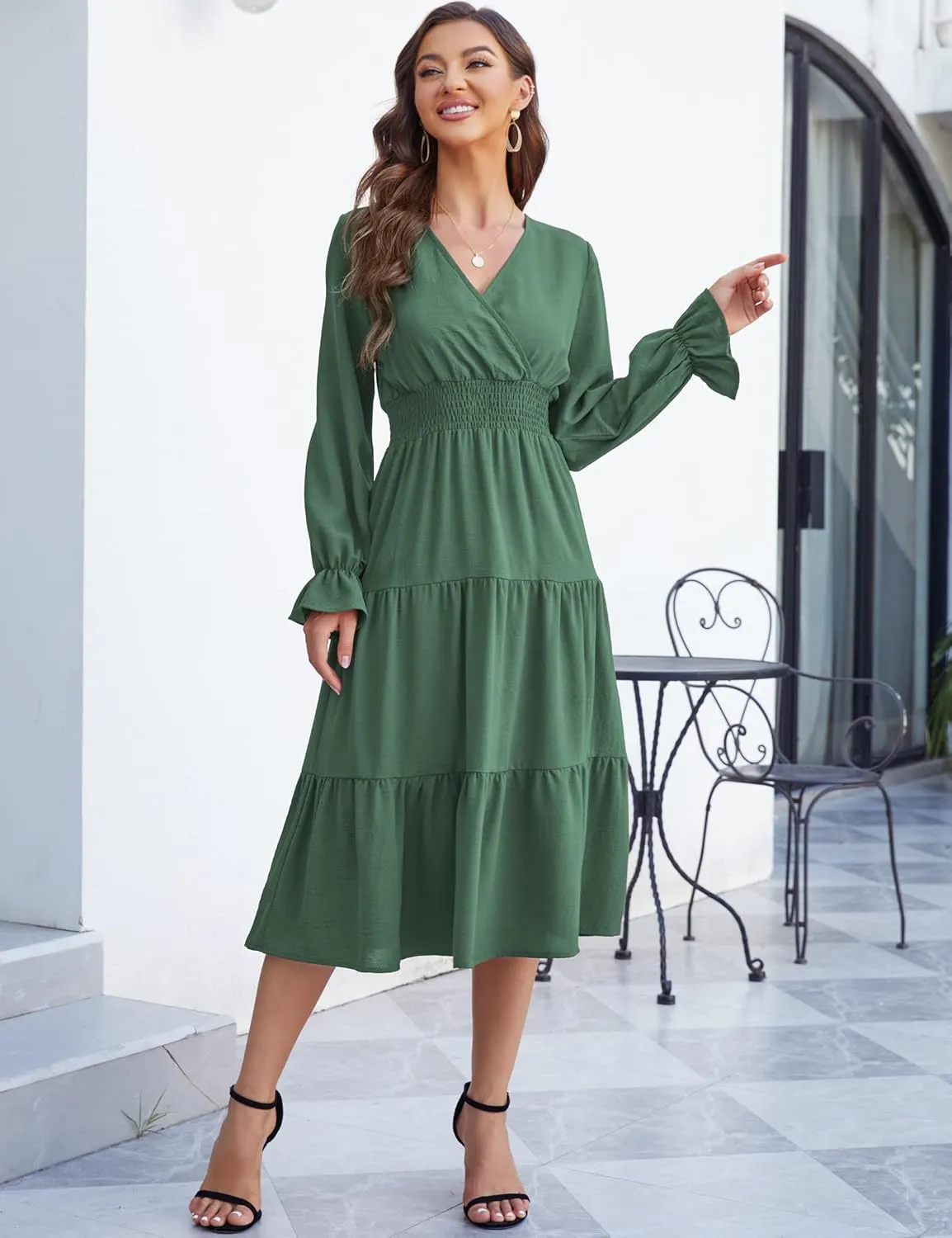 KOJOOIN Women's Casual Wrap V Neck Midi Sleeve Smocked Waist Tiered a Line Pleated Flowy Long Dress