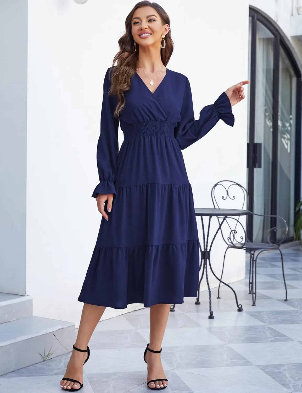 KOJOOIN Women's Casual Wrap V Neck Midi Sleeve Smocked Waist Tiered a Line Pleated Flowy Long Dress