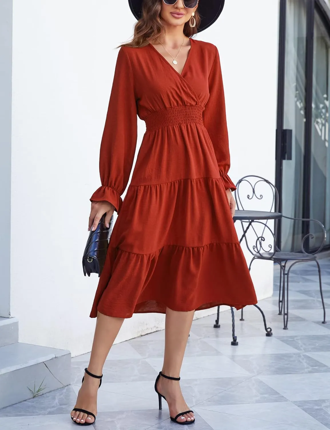 KOJOOIN Women's Casual Wrap V Neck Midi Sleeve Smocked Waist Tiered a Line Pleated Flowy Long Dress