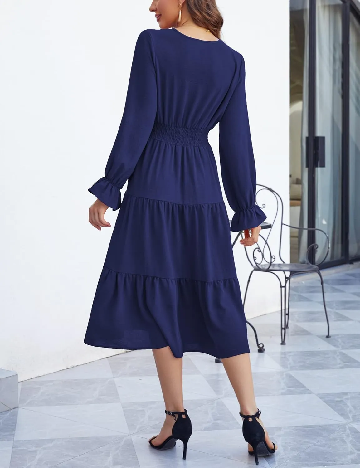 KOJOOIN Women's Casual Wrap V Neck Midi Sleeve Smocked Waist Tiered a Line Pleated Flowy Long Dress