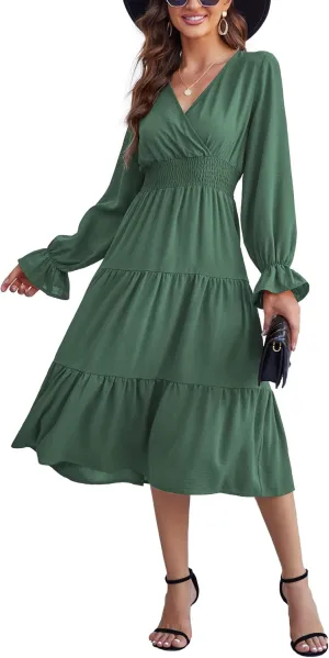KOJOOIN Women's Casual Wrap V Neck Midi Sleeve Smocked Waist Tiered a Line Pleated Flowy Long Dress