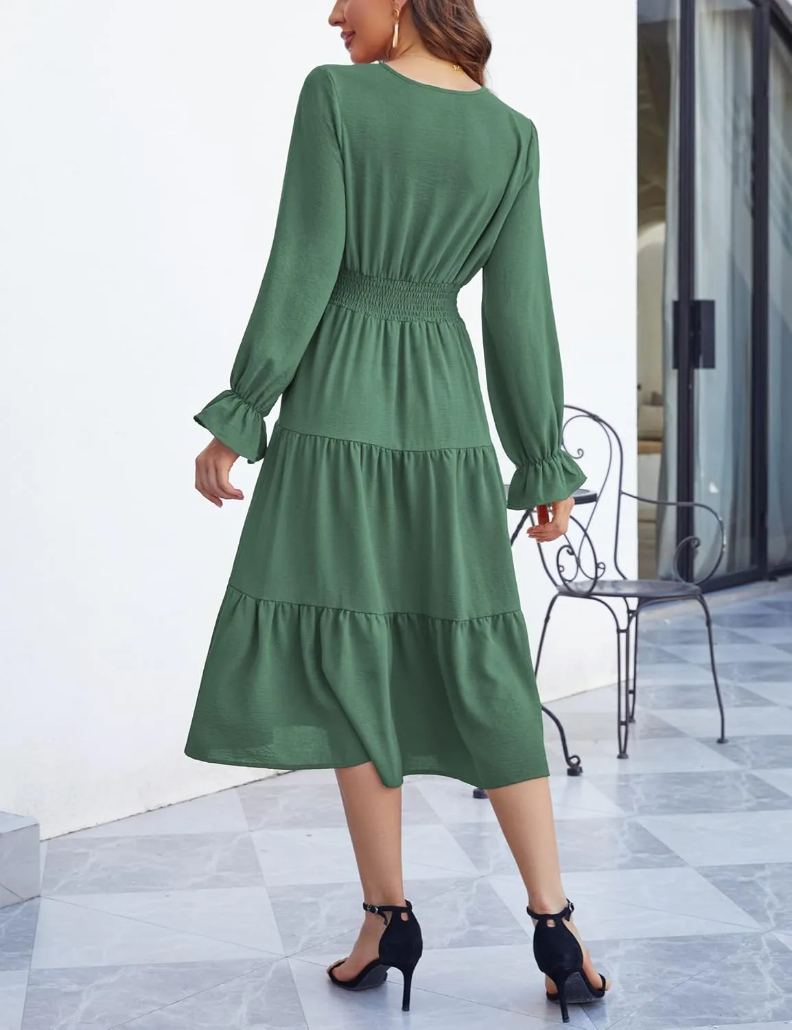 KOJOOIN Women's Casual Wrap V Neck Midi Sleeve Smocked Waist Tiered a Line Pleated Flowy Long Dress