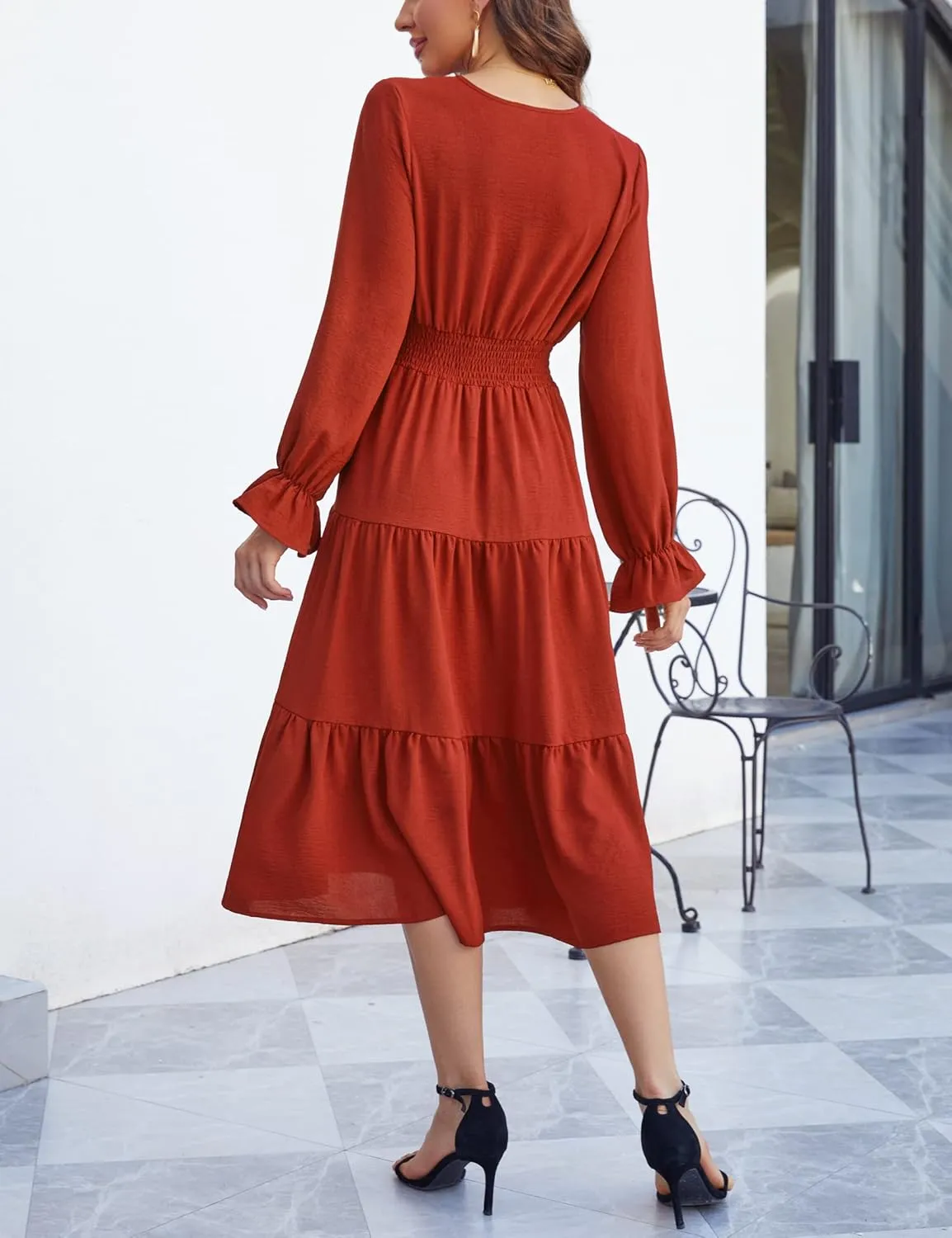 KOJOOIN Women's Casual Wrap V Neck Midi Sleeve Smocked Waist Tiered a Line Pleated Flowy Long Dress