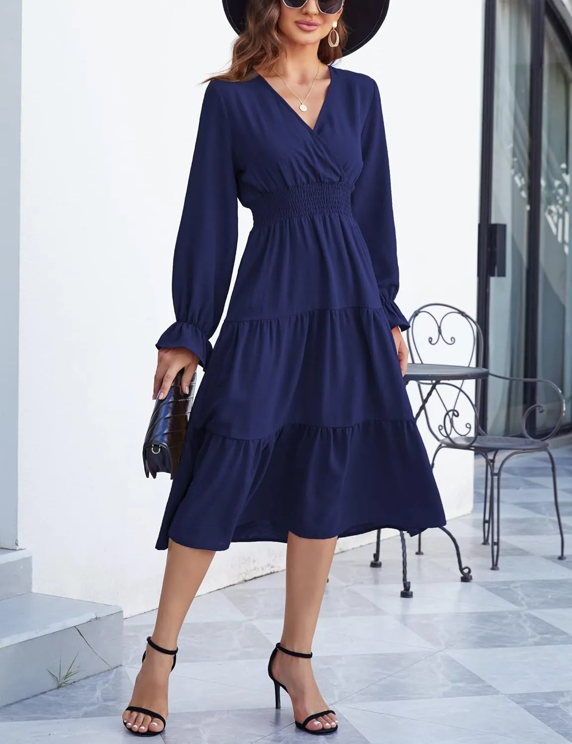 KOJOOIN Women's Casual Wrap V Neck Midi Sleeve Smocked Waist Tiered a Line Pleated Flowy Long Dress