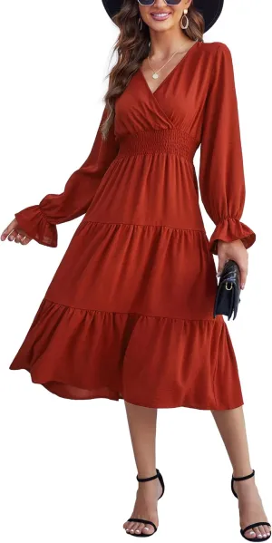 KOJOOIN Women's Casual Wrap V Neck Midi Sleeve Smocked Waist Tiered a Line Pleated Flowy Long Dress