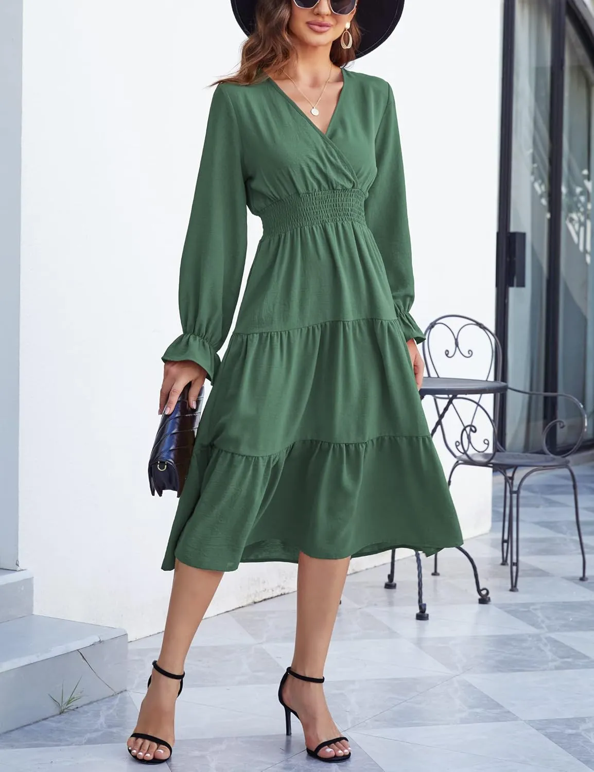 KOJOOIN Women's Casual Wrap V Neck Midi Sleeve Smocked Waist Tiered a Line Pleated Flowy Long Dress