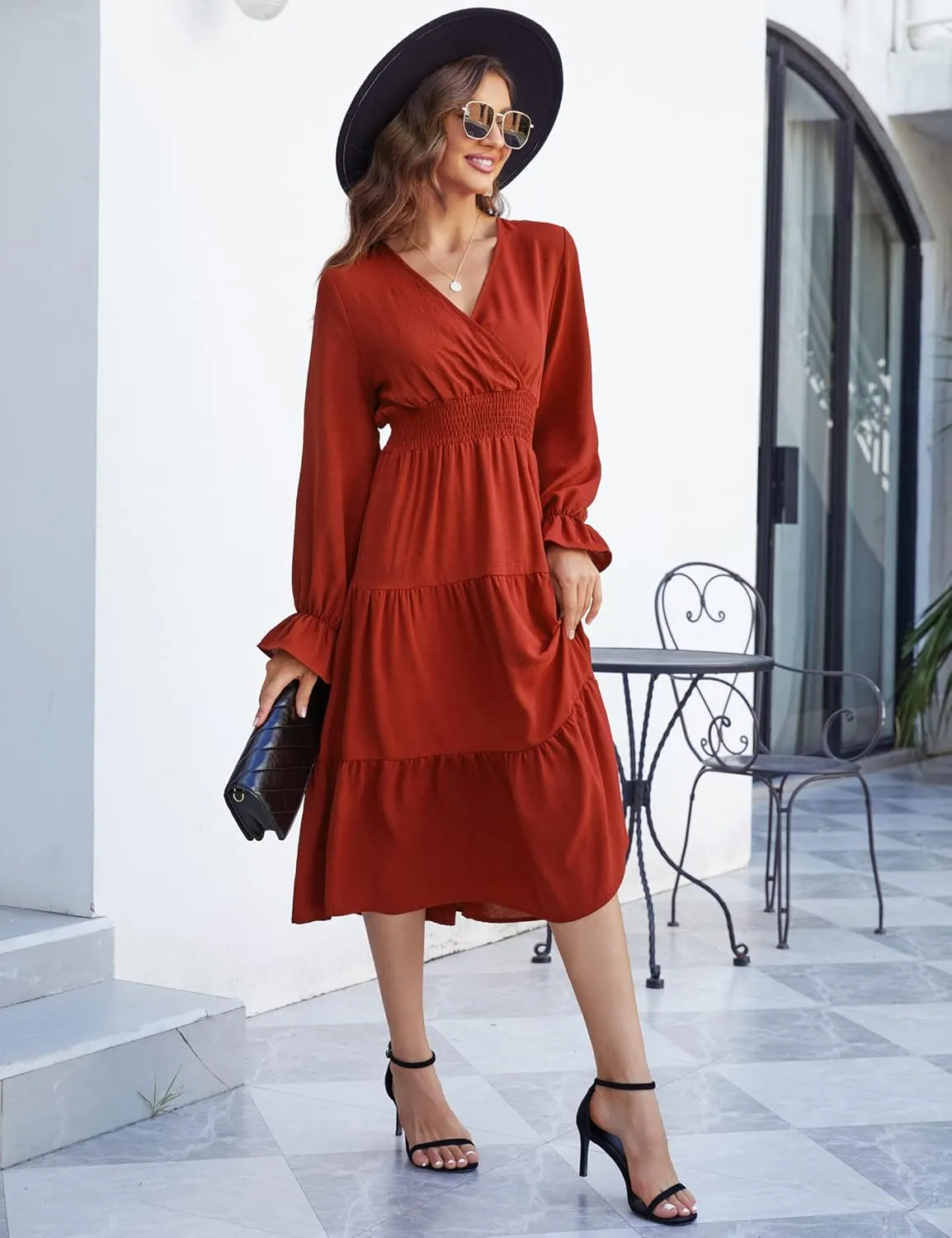 KOJOOIN Women's Casual Wrap V Neck Midi Sleeve Smocked Waist Tiered a Line Pleated Flowy Long Dress