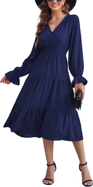 KOJOOIN Women's Casual Wrap V Neck Midi Sleeve Smocked Waist Tiered a Line Pleated Flowy Long Dress