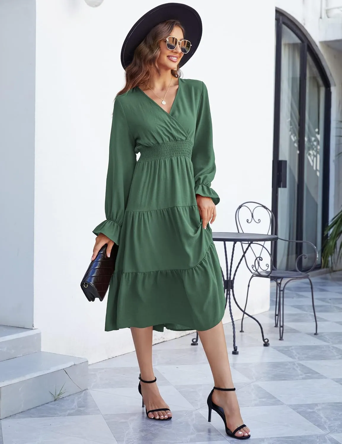 KOJOOIN Women's Casual Wrap V Neck Midi Sleeve Smocked Waist Tiered a Line Pleated Flowy Long Dress