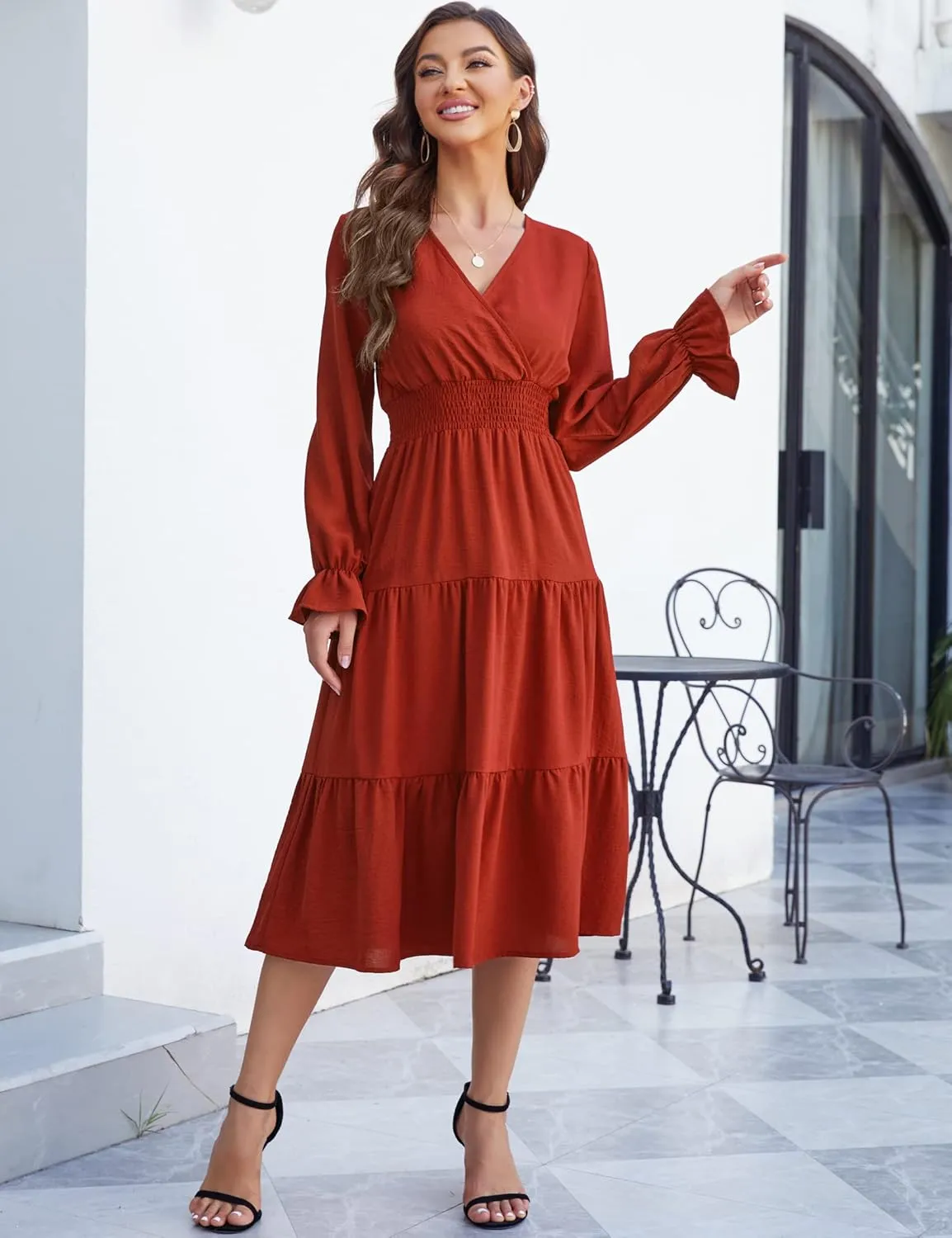 KOJOOIN Women's Casual Wrap V Neck Midi Sleeve Smocked Waist Tiered a Line Pleated Flowy Long Dress
