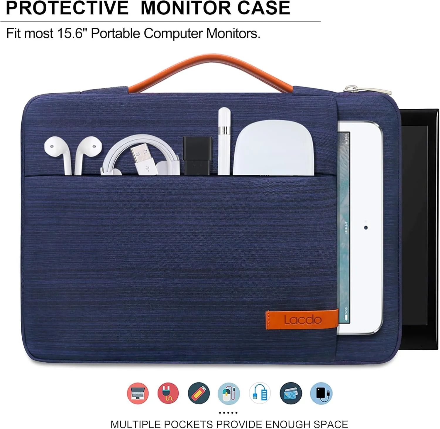 Lacdo 15.6 inch Portable Monitor Case for Most 15.6 inch Portable External Monitor, for Computer Laptop External Display Protective Carrying Sleeve Bag with Accessory Pocket, Blue