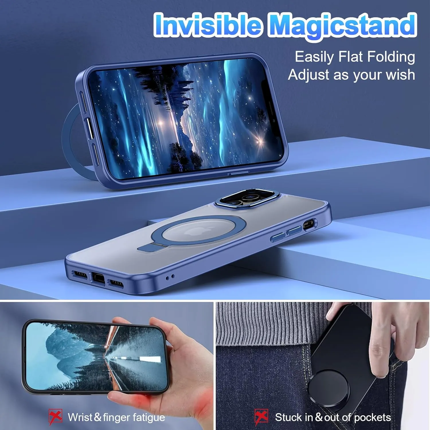 Lamcase for iPhone 12 Case/iPhone 12 Pro Case,with Magnetic Invisible Stand [Military Drop Protection] [Compatible with MagSafe] Shockproof Slim Translucent Anti-Slip with 2 Screen Protector,Blue