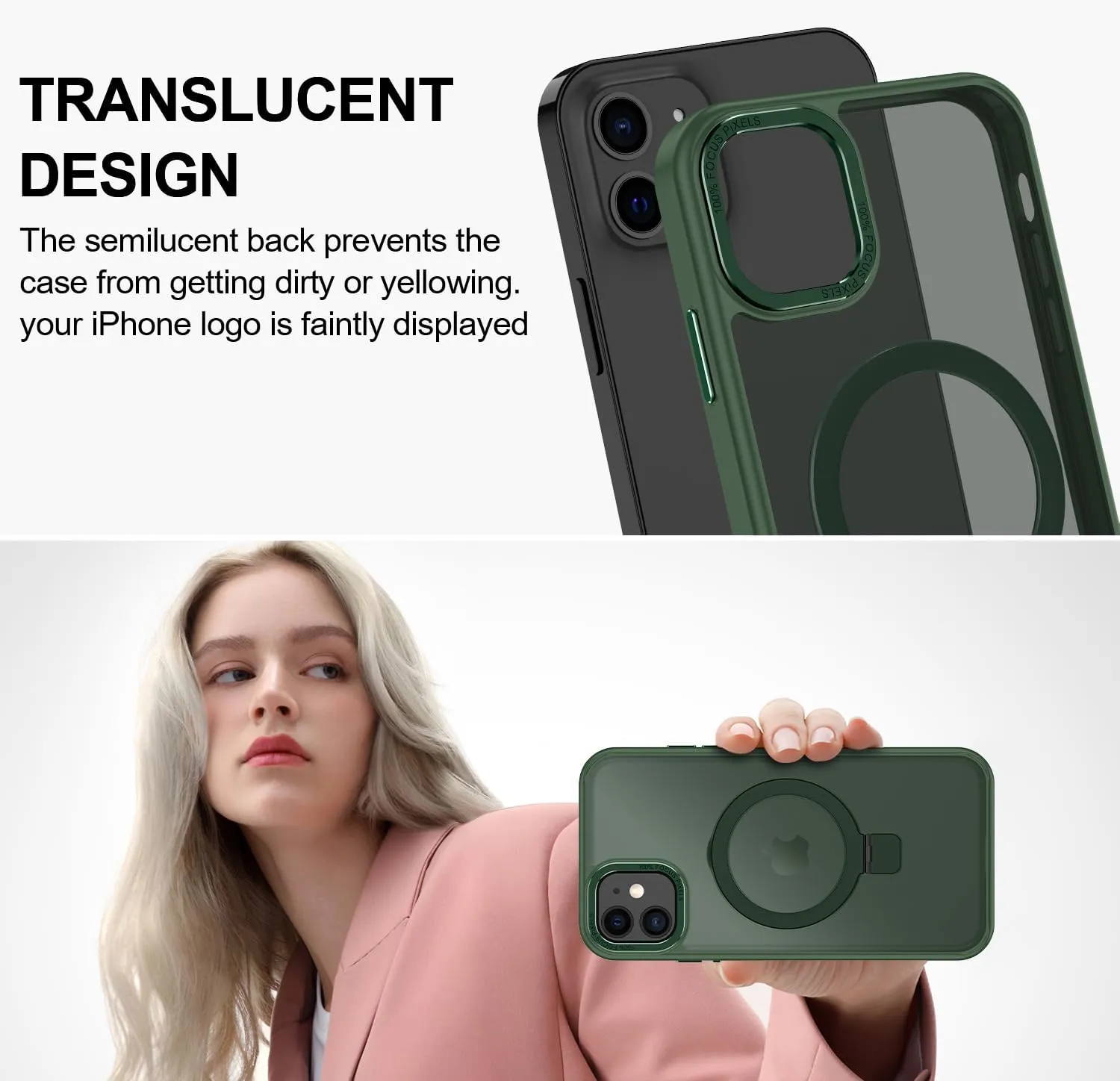 Lamcase for iPhone 12 Case/iPhone 12 Pro Case,with Magnetic Invisible Stand [Military Drop Protection] [Compatible with MagSafe] Shockproof Slim Translucent Anti-Slip with 2 Screen Protector,Green