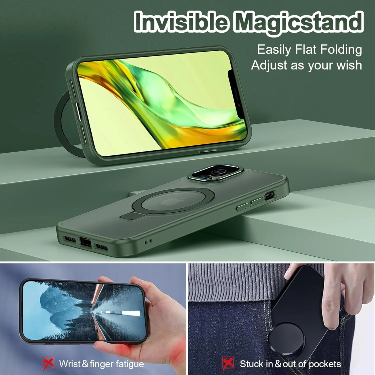 Lamcase for iPhone 12 Case/iPhone 12 Pro Case,with Magnetic Invisible Stand [Military Drop Protection] [Compatible with MagSafe] Shockproof Slim Translucent Anti-Slip with 2 Screen Protector,Green