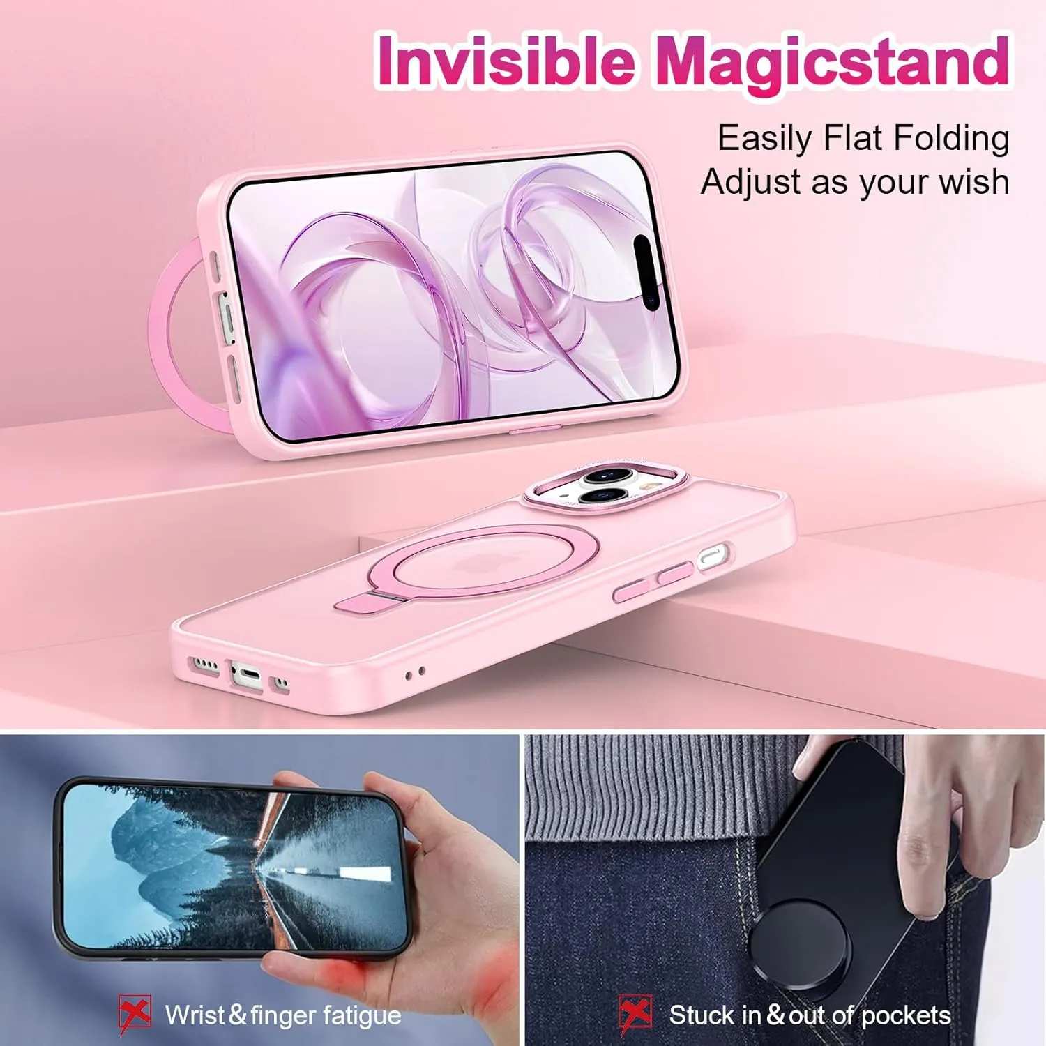 Lamcase for iPhone 13 Case/iPhone 14 Case,with Magnetic Invisible Stand [Military Drop Protection] [Compatible with MagSafe] Shockproof Slim Translucent Anti-Slip with 2 Screen Protector,Tender Pink