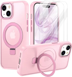 Lamcase for iPhone 13 Case/iPhone 14 Case,with Magnetic Invisible Stand [Military Drop Protection] [Compatible with MagSafe] Shockproof Slim Translucent Anti-Slip with 2 Screen Protector,Tender Pink