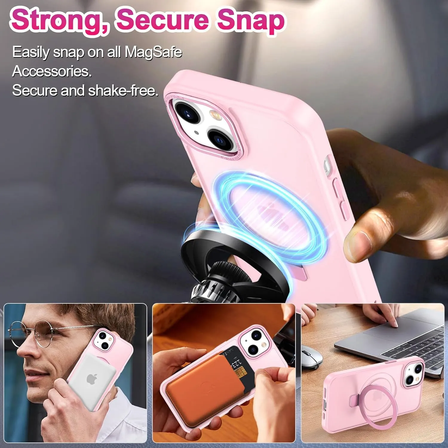 Lamcase for iPhone 13 Case/iPhone 14 Case,with Magnetic Invisible Stand [Military Drop Protection] [Compatible with MagSafe] Shockproof Slim Translucent Anti-Slip with 2 Screen Protector,Tender Pink
