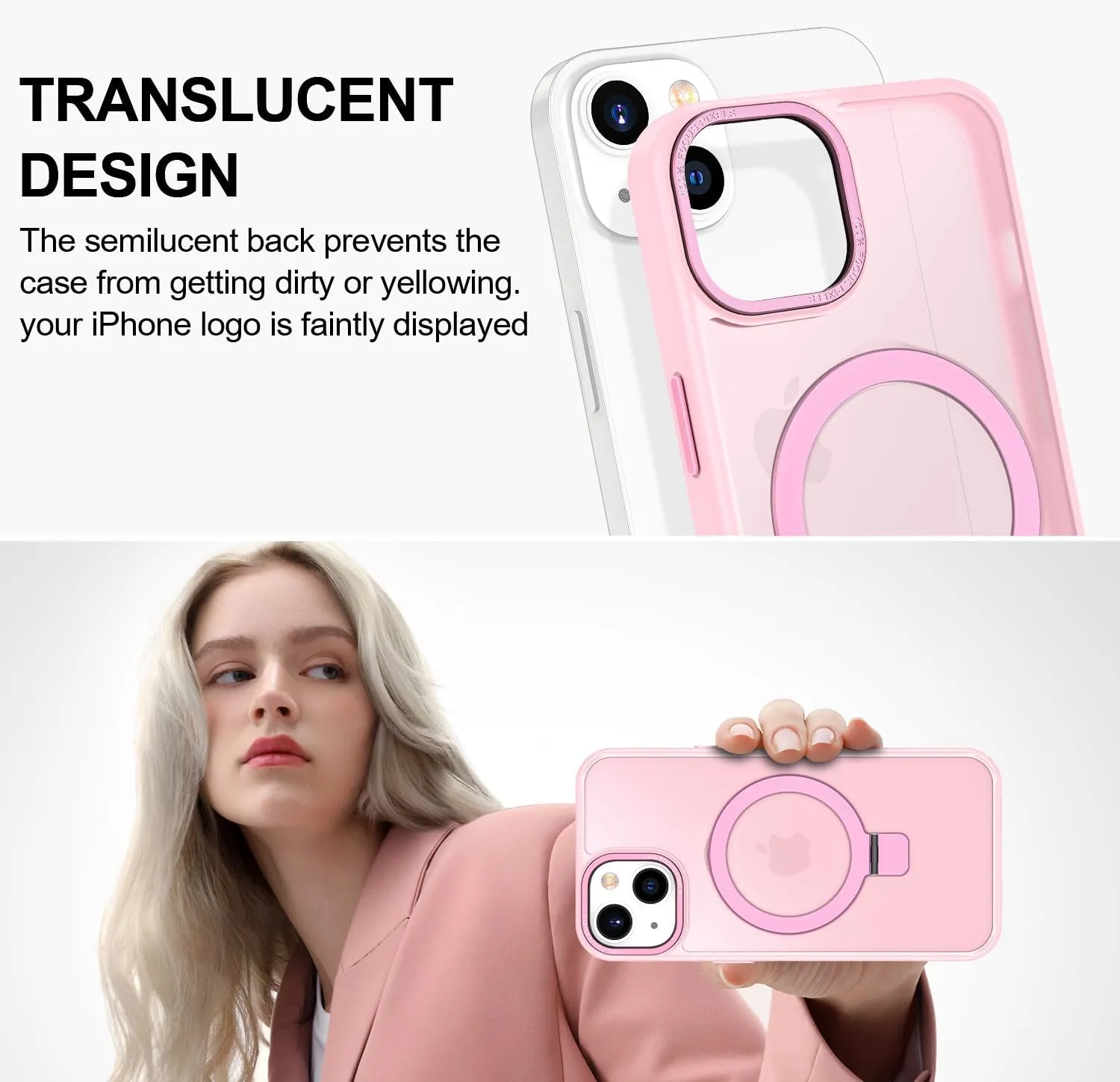 Lamcase for iPhone 13 Case/iPhone 14 Case,with Magnetic Invisible Stand [Military Drop Protection] [Compatible with MagSafe] Shockproof Slim Translucent Anti-Slip with 2 Screen Protector,Tender Pink