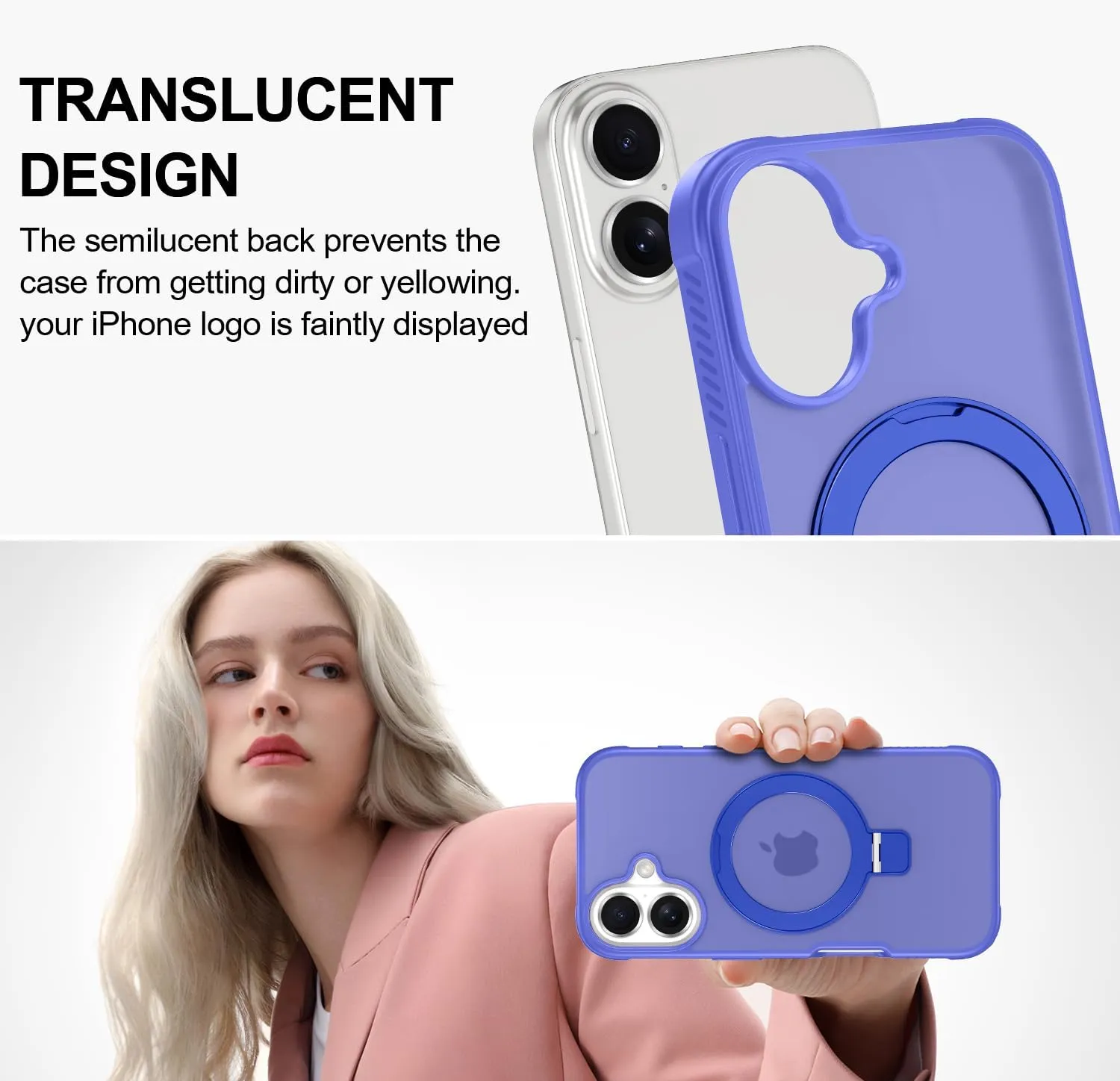 Lamcase for iPhone 16 Plus Case,with Magnetic Invisible Stand [Military Drop Protection] [Compatible with MagSafe] Shockproof Slim Translucent Anti-Slip with 2 Screen Protector,Deep Blue