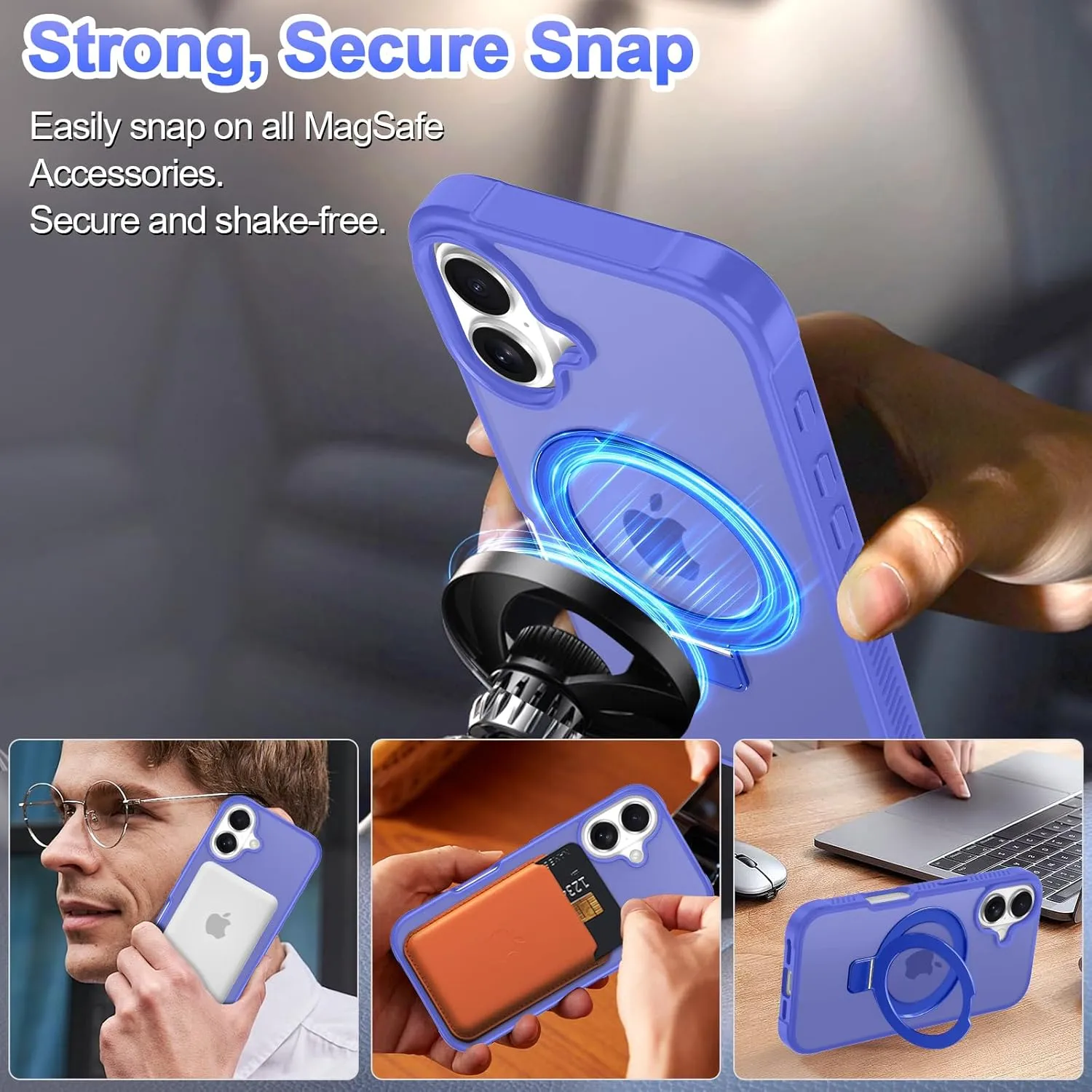Lamcase for iPhone 16 Plus Case,with Magnetic Invisible Stand [Military Drop Protection] [Compatible with MagSafe] Shockproof Slim Translucent Anti-Slip with 2 Screen Protector,Deep Blue
