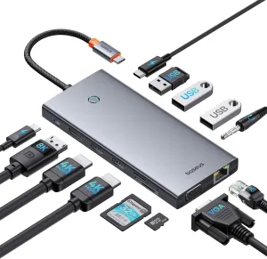 Laptop Docking Station, Baseus 13-in-1 USB C Docking Station Dual Monitor with 2 HDMI 4K@60Hz, DP 4K@120Hz, VGA, 10Gbps Data Transfer, PD 100W and Ethernet for Dell/HP/Lenovo/Surface Laptop