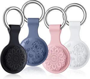 Lerobo AirTag Holder Keychain Flower Engraved for Apple AirTags 4 Pack for Kids Silicone AirTag Case Cover Dog Collar Cat Air Tag Holder Cute Anti-Scratch Air Tags Accessories for Bags Keys Trackers