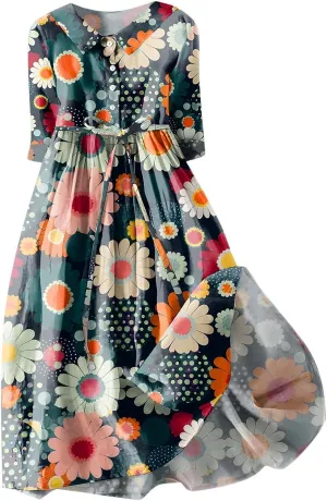 Linen Dresses for Women 2025 Maxi Button Down Plus Size a Line Dress Trendy 3/4 Sleeve Floral Printed Sundress