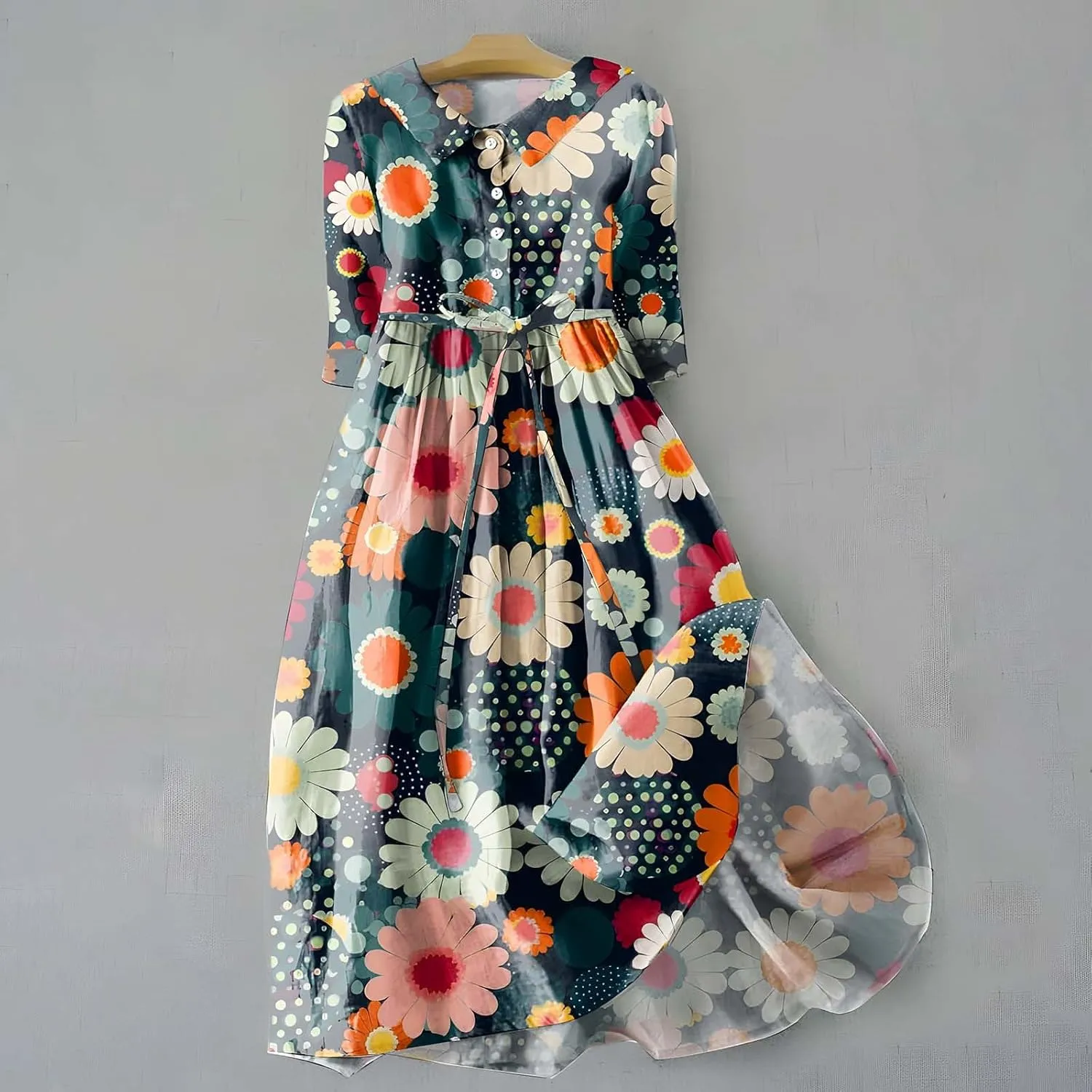 Linen Dresses for Women 2025 Maxi Button Down Plus Size a Line Dress Trendy 3/4 Sleeve Floral Printed Sundress