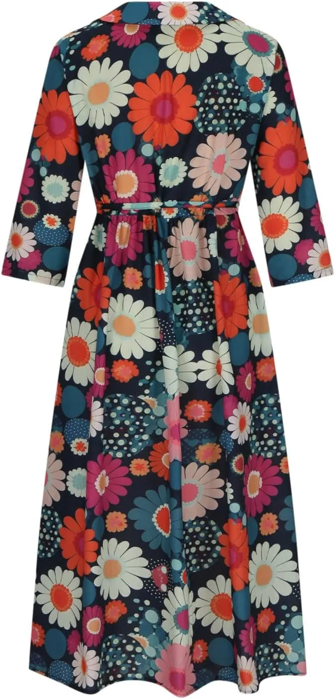 Linen Dresses for Women 2025 Maxi Button Down Plus Size a Line Dress Trendy 3/4 Sleeve Floral Printed Sundress