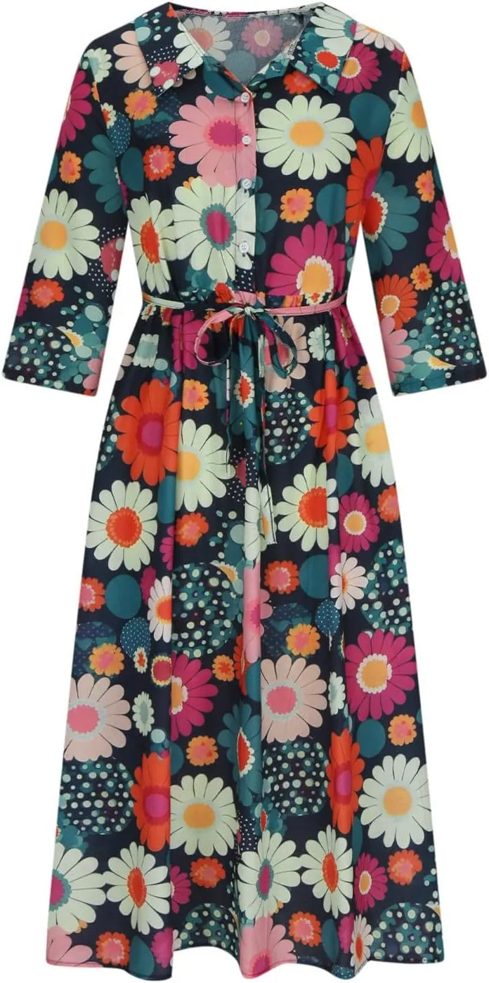 Linen Dresses for Women 2025 Maxi Button Down Plus Size a Line Dress Trendy 3/4 Sleeve Floral Printed Sundress